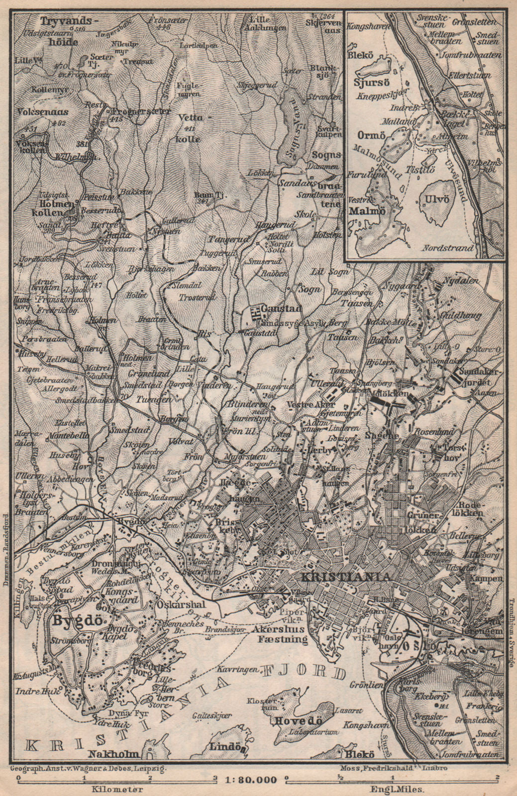 OSLO ENVIRONS. Christiania Bygdo. Norway kart. BAEDEKER 1899 old antique map